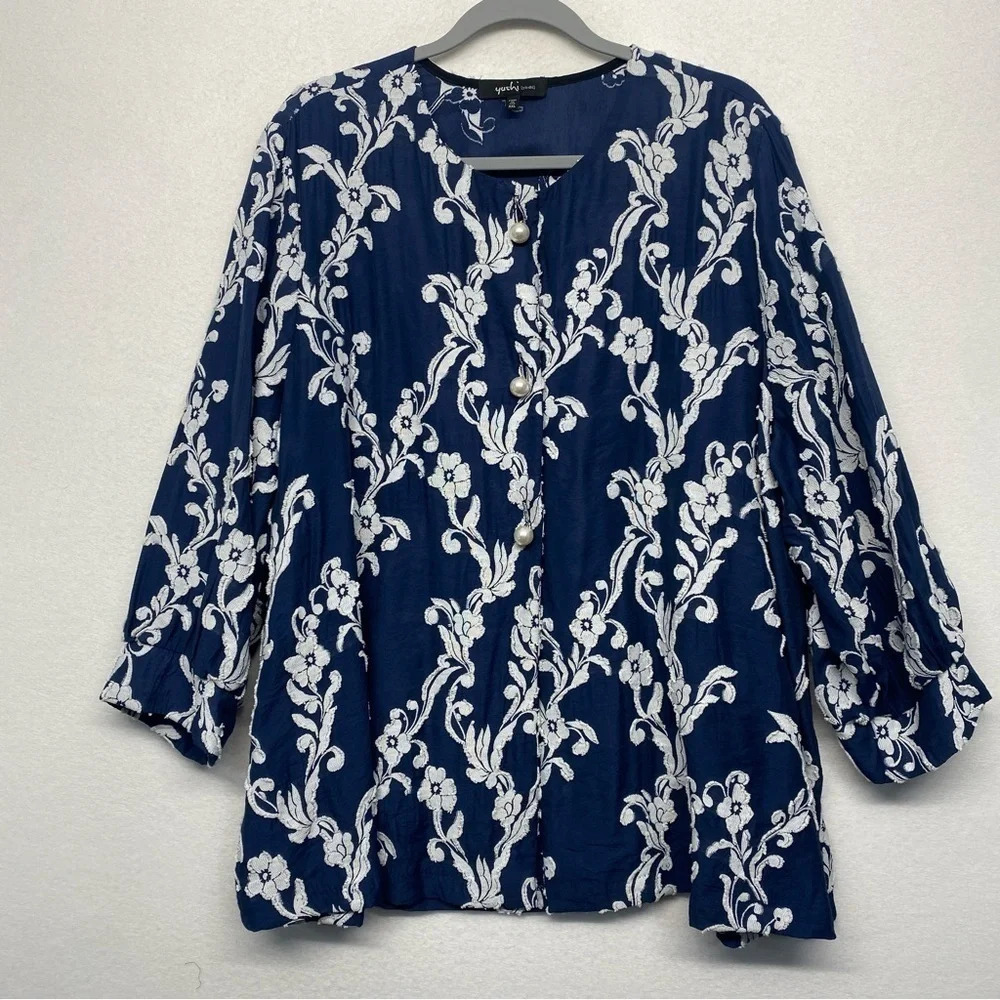 Yushi Navy Floral Pearl Button Front Textured Jacket XXL‎ Lagenlook Art to Wear